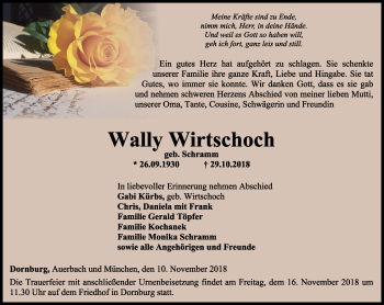 Traueranzeige von Wally Wirtschoch von Ostthüringer Zeitung, Thüringische Landeszeitung