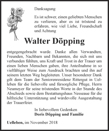 Traueranzeige von Walter Döpping von Ostthüringer Zeitung, Thüringische Landeszeitung