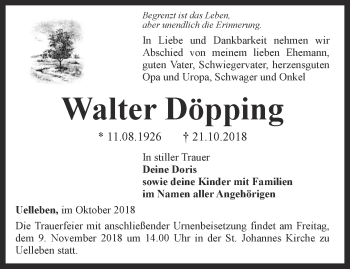 Traueranzeige von Walter Döpping von Ostthüringer Zeitung, Thüringische Landeszeitung