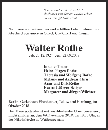 Traueranzeige von Walter Rothe von Thüringer Allgemeine