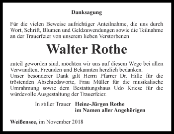 Traueranzeige von Walter Rothe von Thüringer Allgemeine