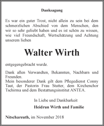 Traueranzeige von Walter Wirth von Ostthüringer Zeitung