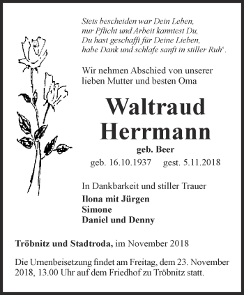 Traueranzeige von Waltraud Herrmann von Ostthüringer Zeitung