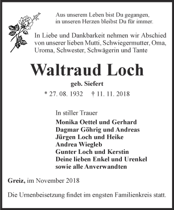 Traueranzeige von Waltraud Loch von Ostthüringer Zeitung