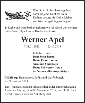 Traueranzeige von Werner Apel von Ostthüringer Zeitung, Thüringische Landeszeitung