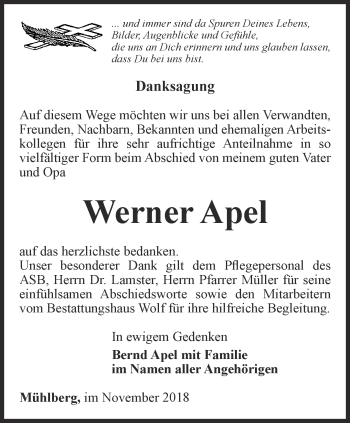 Traueranzeige von Werner Apel von Ostthüringer Zeitung, Thüringische Landeszeitung