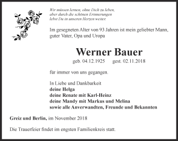 Traueranzeige von Werner Bauer