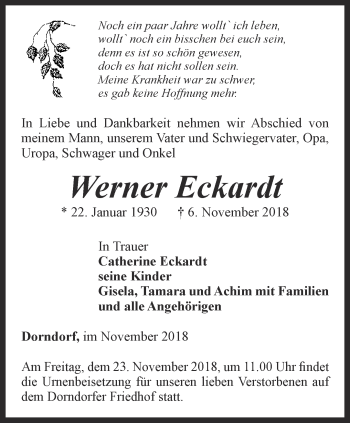 Traueranzeige von Werner Eckardt von Ostthüringer Zeitung, Thüringische Landeszeitung