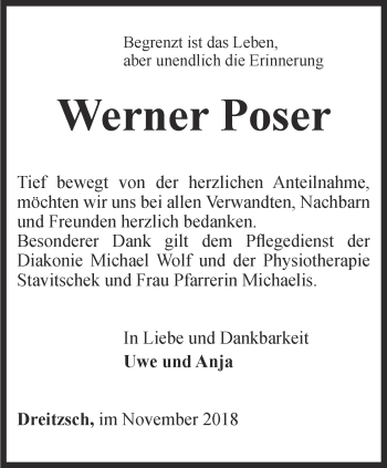 Traueranzeige von Werner Poser von Ostthüringer Zeitung