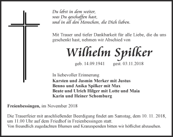 Traueranzeige von Wilhelm Spilker von Thüringer Allgemeine