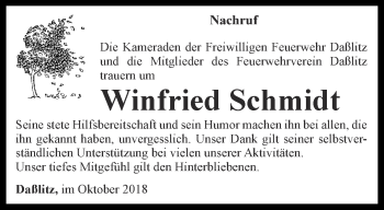 Traueranzeige von Winfried Schmidt von Ostthüringer Zeitung