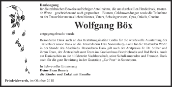 Traueranzeige von Wolfgang Böx von Ostthüringer Zeitung, Thüringische Landeszeitung