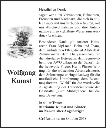 Traueranzeige von Wolfgang Kumst von Thüringer Allgemeine, Thüringische Landeszeitung