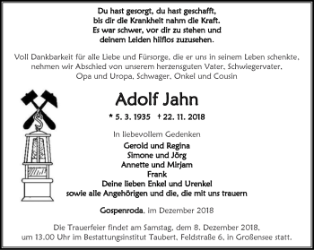 Traueranzeige von Adolf Jahn von Thüringer Allgemeine, Thüringische Landeszeitung