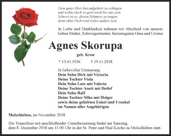 Traueranzeige von Agnes Skorupa von Ostthüringer Zeitung, Thüringische Landeszeitung