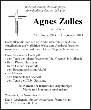 Traueranzeige von Agnes Zolles von Thüringer Allgemeine