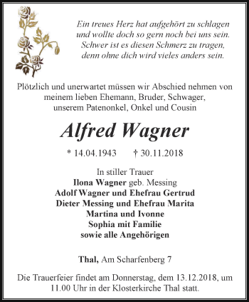 Traueranzeige von Alfred Wagner von Thüringer Allgemeine, Thüringische Landeszeitung