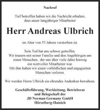 Traueranzeige von Andreas Ulbrich von Thüringer Allgemeine, Thüringische Landeszeitung