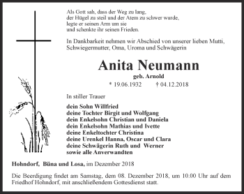 Traueranzeige von Anita Neumann von Ostthüringer Zeitung