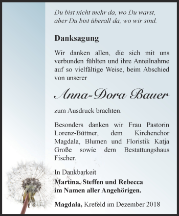 Traueranzeige von Anna-Dora Bauer von Thüringer Allgemeine, Thüringische Landeszeitung