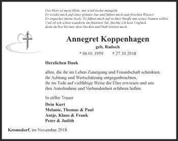 Traueranzeige von Annegret Koppenhagen von Thüringer Allgemeine, Thüringische Landeszeitung