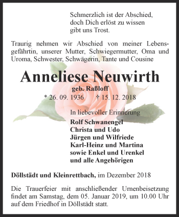 Traueranzeige von Anneliese Neuwirth von Thüringer Allgemeine, Thüringische Landeszeitung