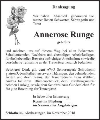 Traueranzeige von Annerose Runge von Thüringer Allgemeine