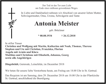 Traueranzeige von Antonia Meister von Thüringer Allgemeine