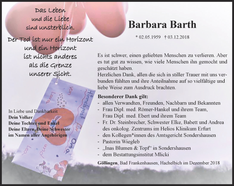  Traueranzeige für Barbara Barth vom 22.12.2018 aus Thüringer Allgemeine