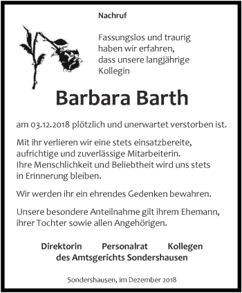 Traueranzeige von Barbara Barth von Thüringer Allgemeine