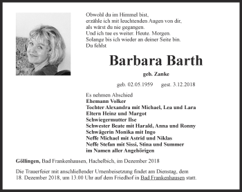 Traueranzeige von Barbara Barth von Thüringer Allgemeine