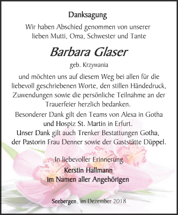 Traueranzeige von Barbara Glaser von Ostthüringer Zeitung, Thüringische Landeszeitung