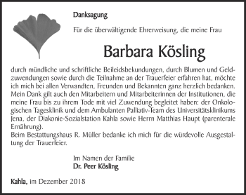 Traueranzeige von Barbara Kösling von Ostthüringer Zeitung, Thüringische Landeszeitung