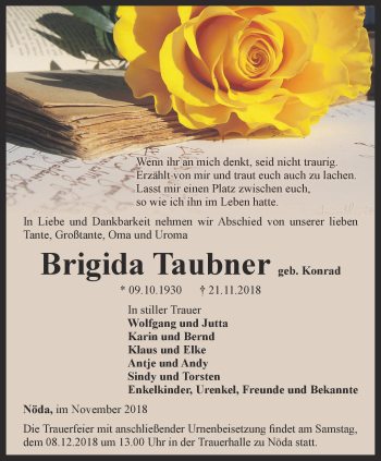 Traueranzeige von Brigida Taubner