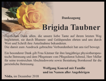 Traueranzeige von Brigida Taubner von Thüringer Allgemeine, Thüringische Landeszeitung