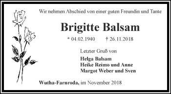 Traueranzeige von Brigitte Balsam von Thüringer Allgemeine, Thüringische Landeszeitung