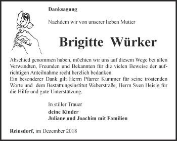 Traueranzeige von Brigitte Würker