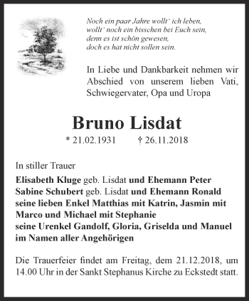 Traueranzeige von Bruno Lisdat von Thüringer Allgemeine, Thüringische Landeszeitung