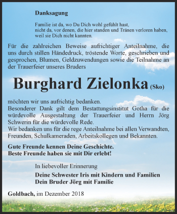 Traueranzeige von Burghard Zielonka von Ostthüringer Zeitung, Thüringische Landeszeitung