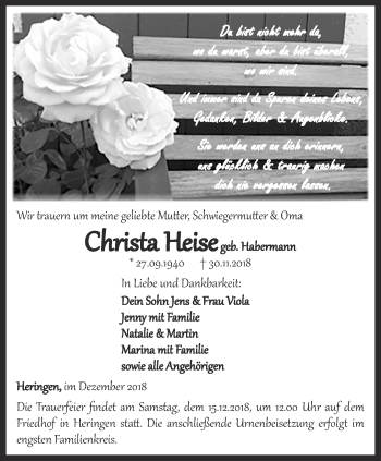 Traueranzeige von Christa Heise von Thüringer Allgemeine