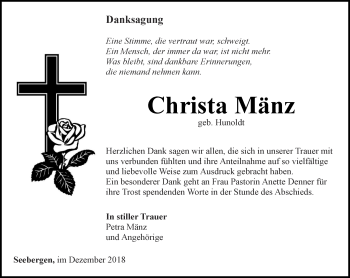 Traueranzeige von Christa Mänz von Ostthüringer Zeitung, Thüringische Landeszeitung