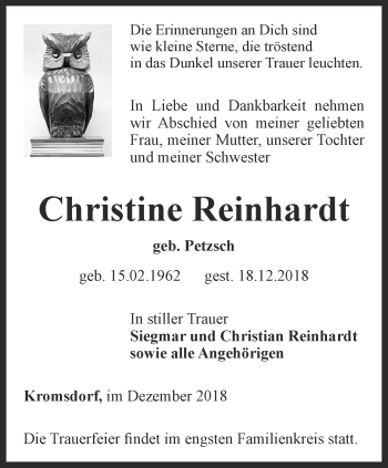 Traueranzeige von Christine Reinhardt von Thüringer Allgemeine, Thüringische Landeszeitung