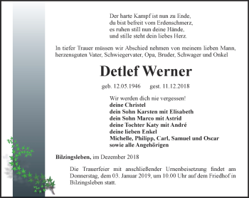 Traueranzeige von Detlef Werner von Thüringer Allgemeine