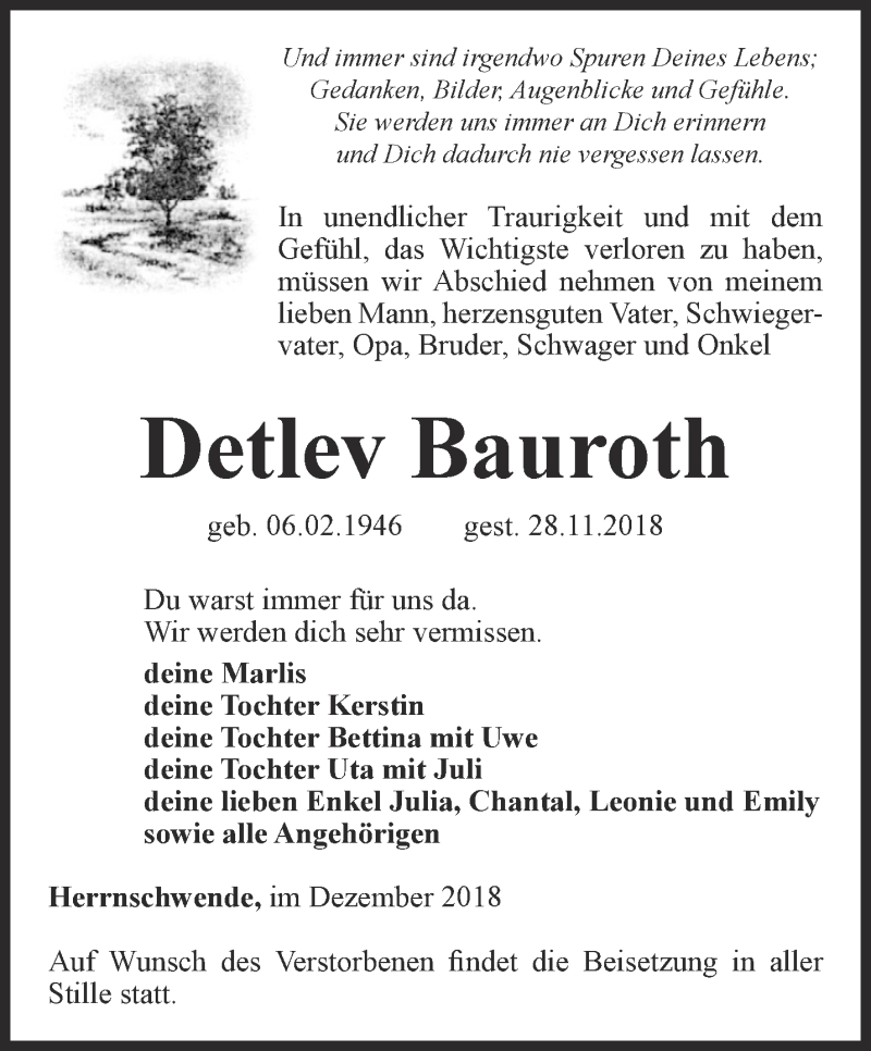  Traueranzeige für Detlev Bauroth vom 04.12.2018 aus Thüringer Allgemeine