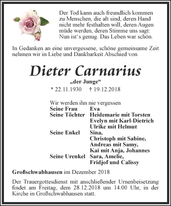 Traueranzeige von Dieter Carnarius von Thüringer Allgemeine, Thüringische Landeszeitung