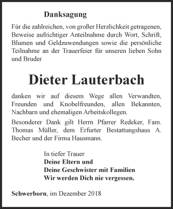 Traueranzeige von Dieter Lauterbach von Thüringer Allgemeine, Thüringische Landeszeitung