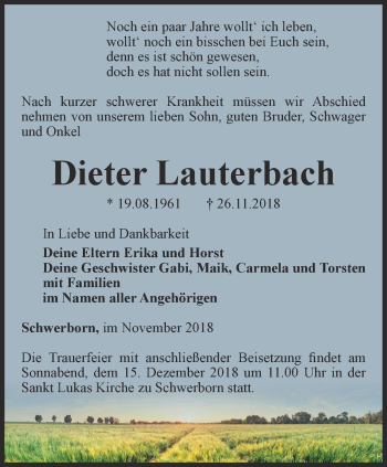 Traueranzeige von Dieter Lauterbach von Thüringer Allgemeine, Thüringische Landeszeitung