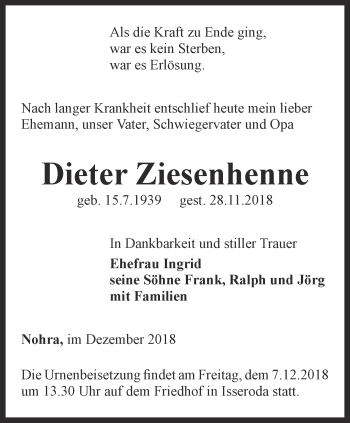 Traueranzeige von Dieter Ziesenhenne von Thüringer Allgemeine, Thüringische Landeszeitung