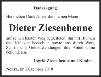 Traueranzeige von Dieter Ziesenhenne von Thüringer Allgemeine, Thüringische Landeszeitung