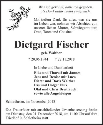 Traueranzeige von Dietgard Fischer von Thüringer Allgemeine, Thüringische Landeszeitung